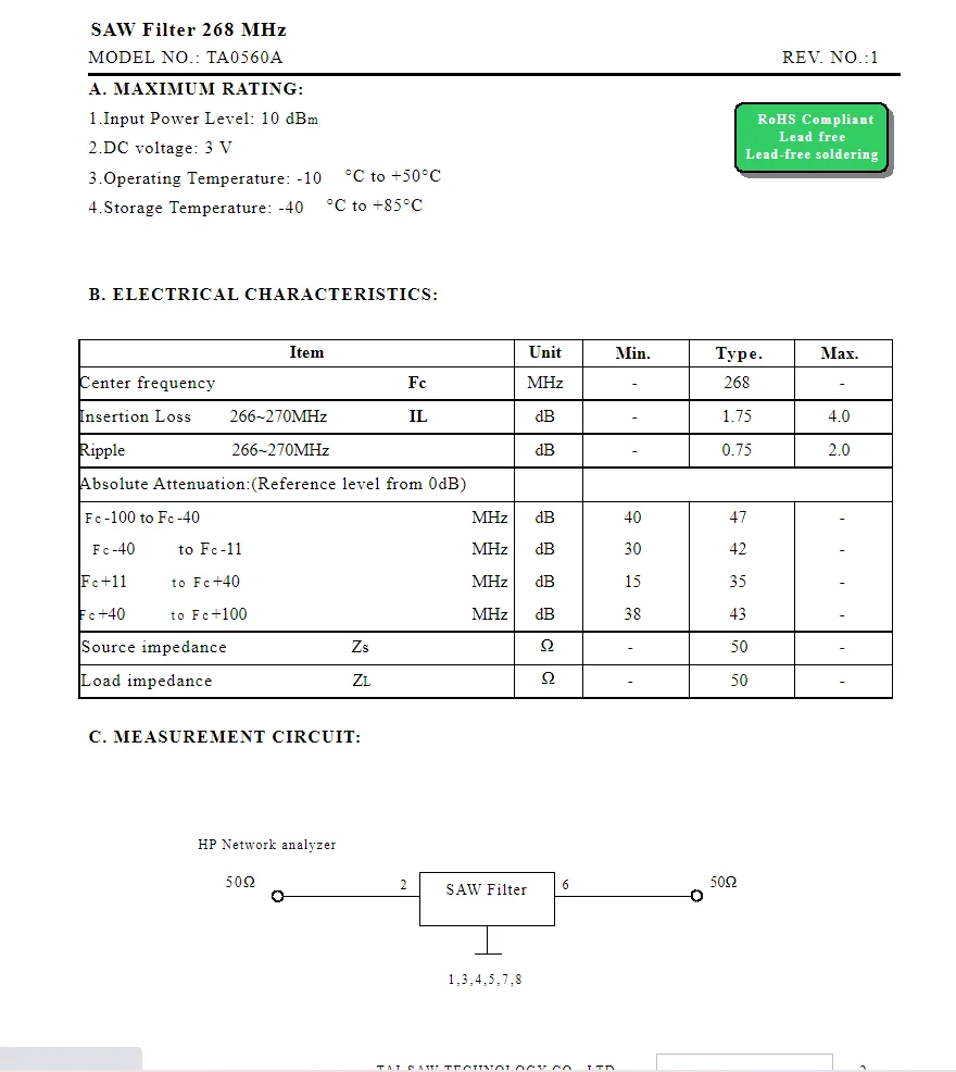 (10 ชิ้น) TA0560A รหัส 560 ยี่ห้อใหม่ของแท้ 268 เมกะเฮิร์ตซ์บรรจุ SMD SAW กรองสต็อก