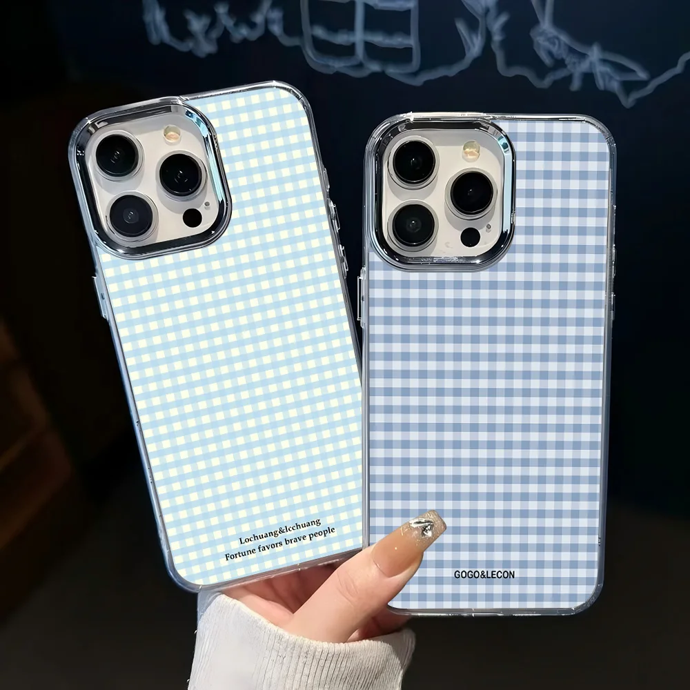 Korean INS Blue Checkered Grid Pattern Phone Case for Samsung Galaxy S25 S24 S23 S22 S21 S20 Note20 FE Ultra Edge Plus 4G 5G