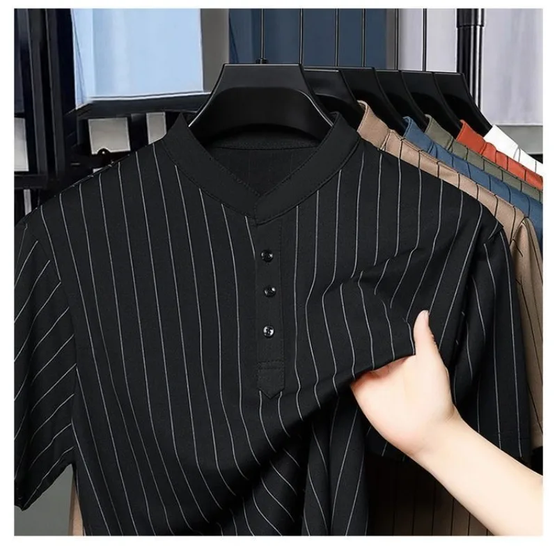 Luxury Brand High-end Summer Striped Shirts Mens Short Sleeve T-shirt Button Tops Casual Loose Shirt Stand-up Collar Tees Trendy