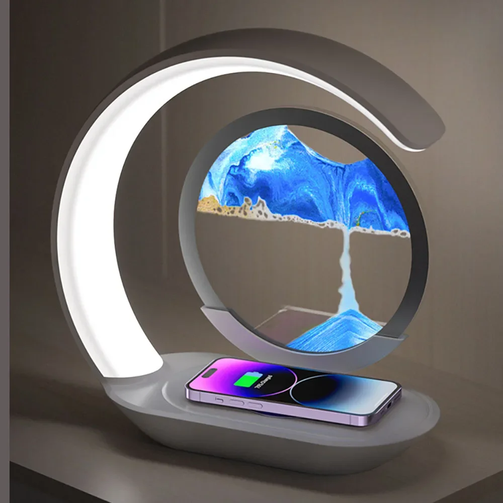 

LED Sand Lamp Wireless Charging Table Lamp 3D Hourglass Decorative Item Sand Painting Night Light USB Charging Room Decorative G