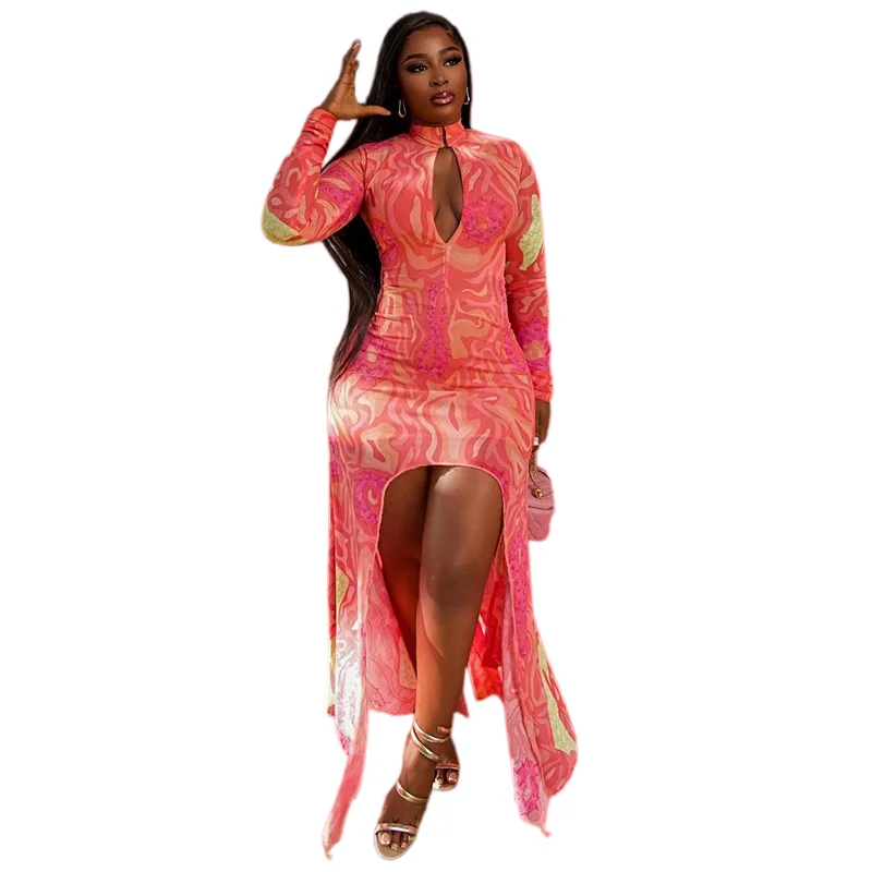 Women's Buttons Turtleneck Hollow Out Long Sleeve Waistband Hips Wrapped Long Dress