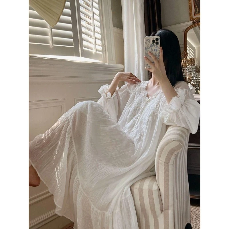 

Women's Long Sleeved French Court Style Nightdress Sweet Princess Lace Pajamas Dress Spring Autumn White dress Solid 2XL Size