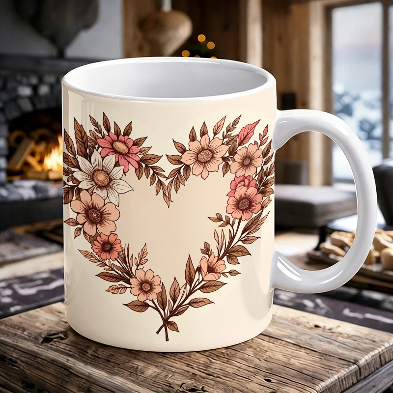 

Romantic Floral Heart Wreath Ceramic Cup with Handle, Creative Coffee Cup, Milk Cup, Office Tea Cup, Drinking Cup,Fade-resistant