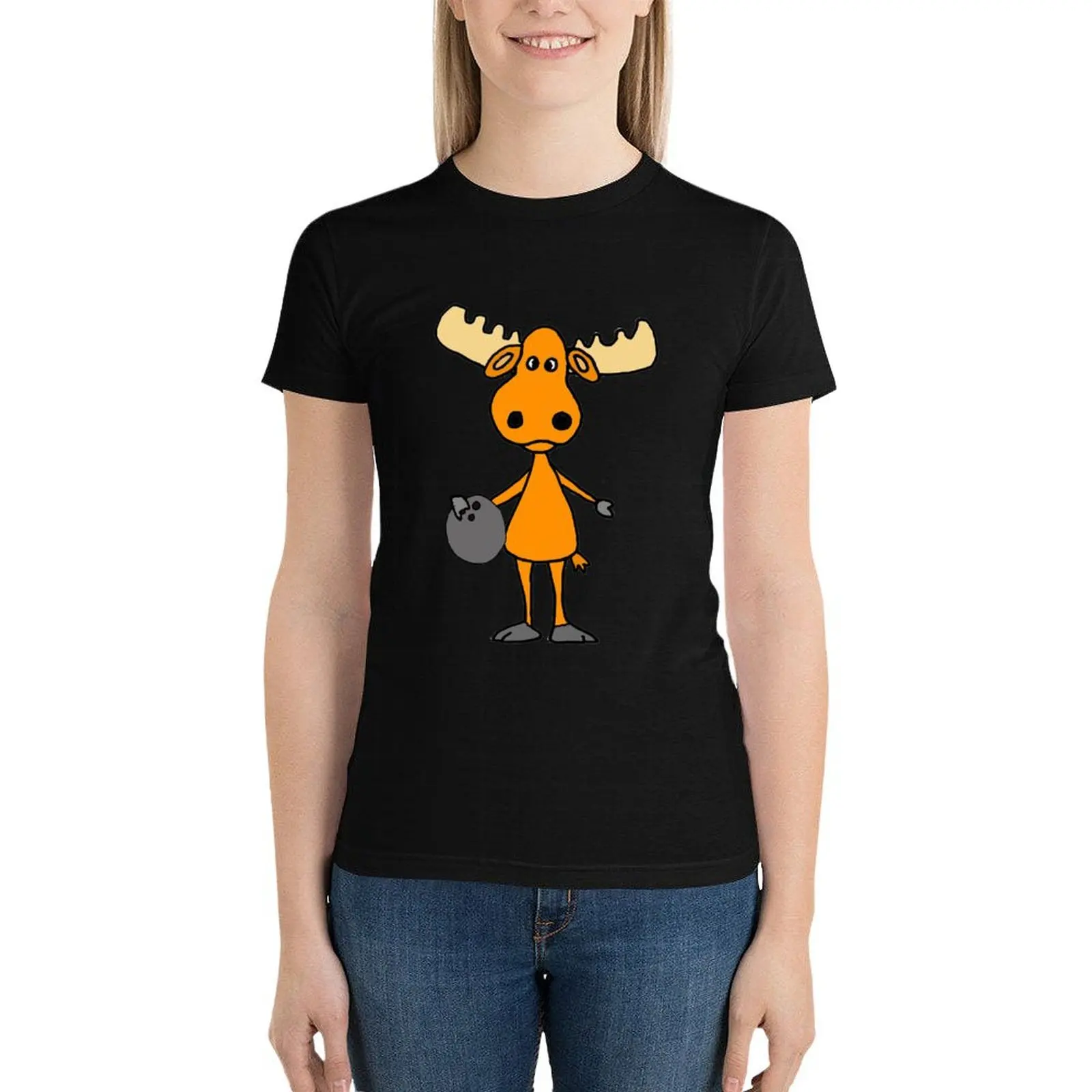 Lustige Elch Bowling Cartoon T-Shirt Vintage maßge schneiderte T-Shirts für Frauen