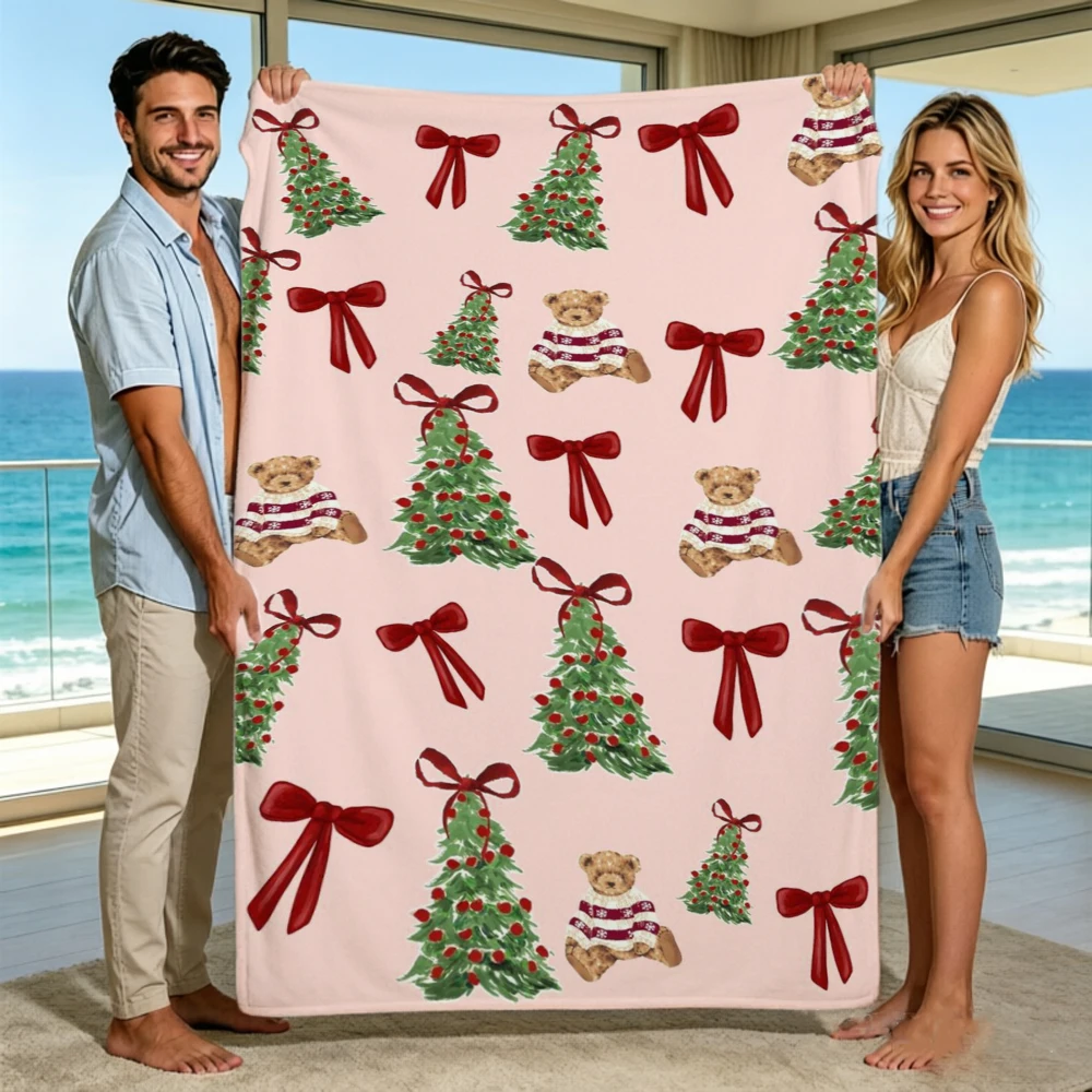 Blanket Throw Cute Pink Christmas Tree Bowknot Teddy Bear Pattern Cozy Sofa Bed Blankets Winter Holiday Room Decor Xmas Gift