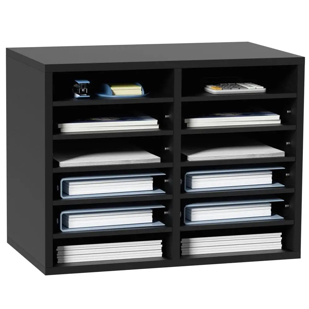 

Wood File Sorter with 12 Compartments and Removable Shelves, Mailroom Organizer with Mailbox Slot, EPA Certified Black