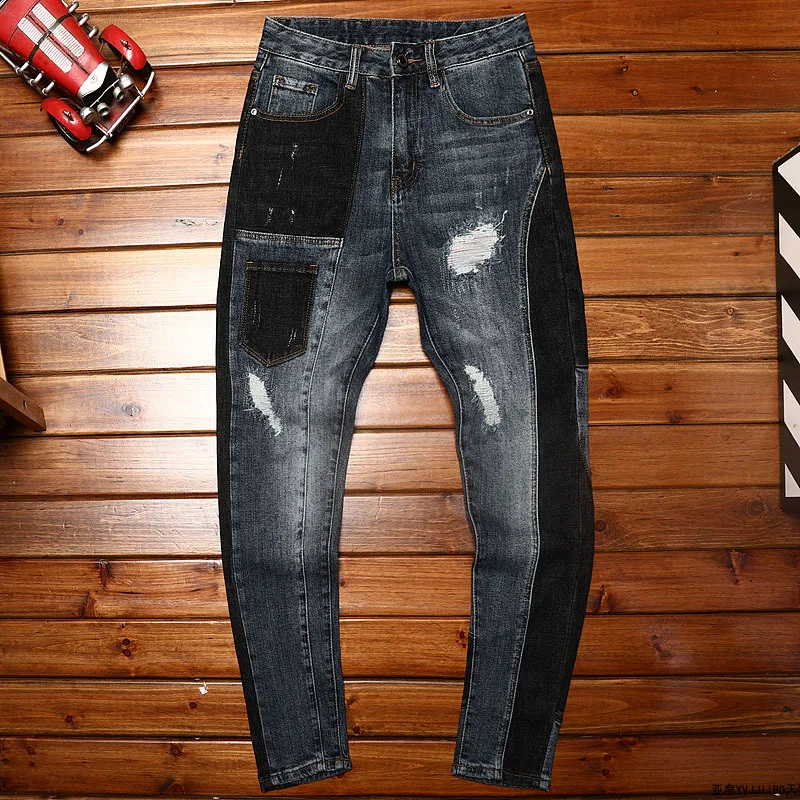 Motorcycle style ripped jeans men's spring and autumn fashion fashion elastic slim fit skinny stitching design men's trousers