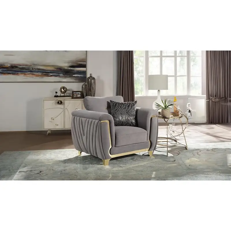 Contemporary Upholstered Chair, Wood Frame, Gold Accents, Gray Fabric, Stylish Design for Living Room and Dining Area