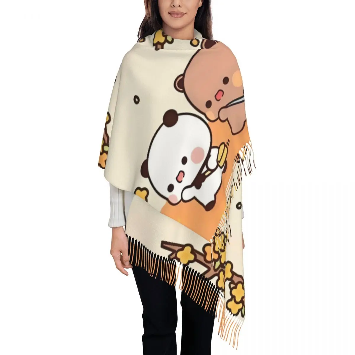 

Custom Bubu Dudu Peach And Goma Scarf Wrap for Women Long Winter Warm Tassel Shawl Unisex Bear Cartoon Anime Panda Scarves
