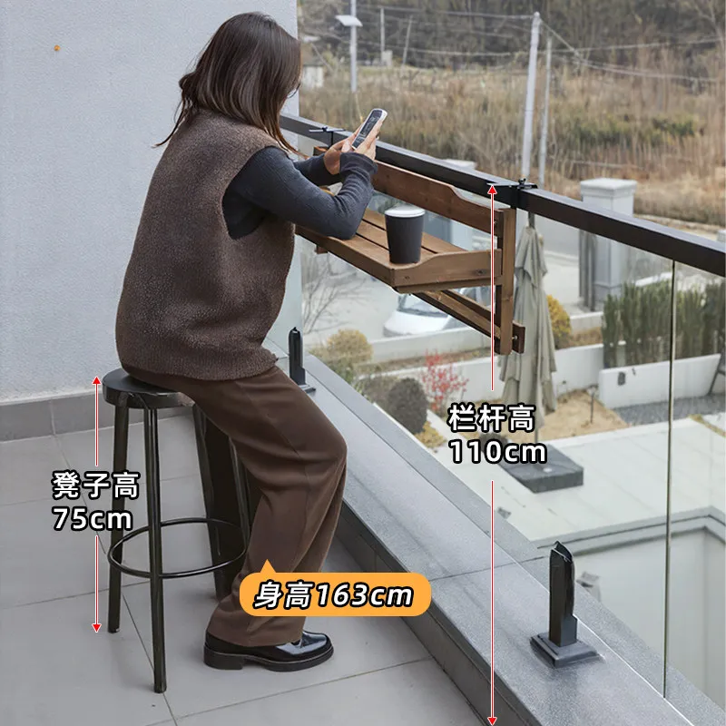 Small apartment balcony railing foldable creative leisure bar table solid wood guardrail window sill hanging table