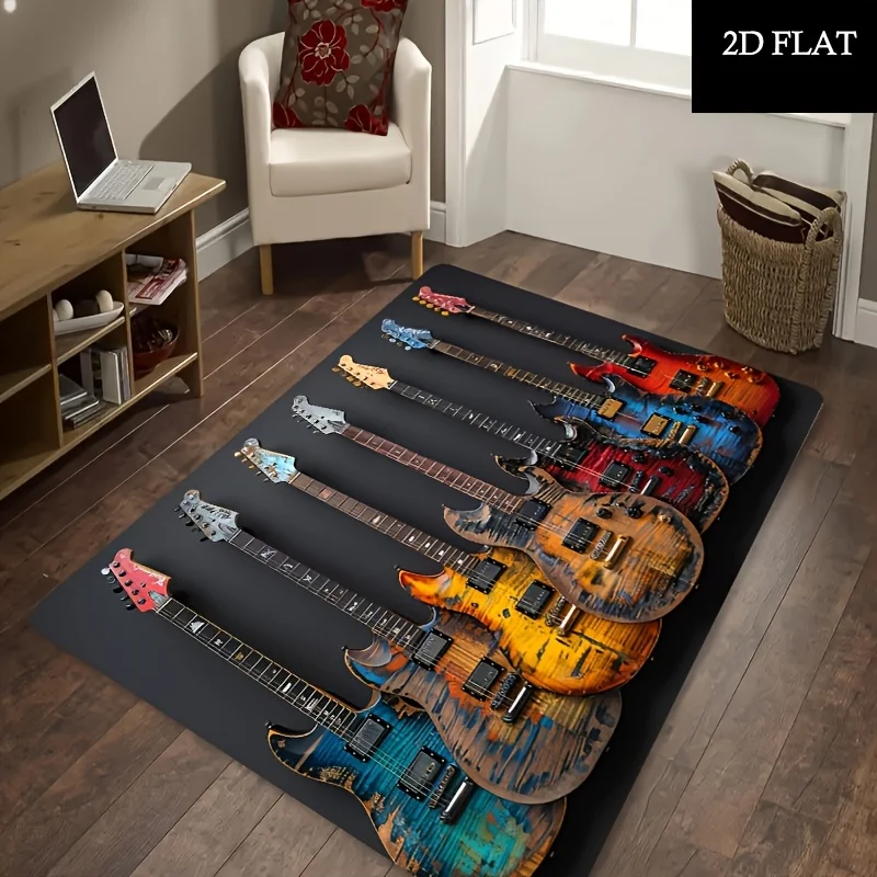 2D Flat Electric Guitar Collection Flannel Area Rug Non Slip Music Themed Carpet for Living Room Game Room Studio Decor