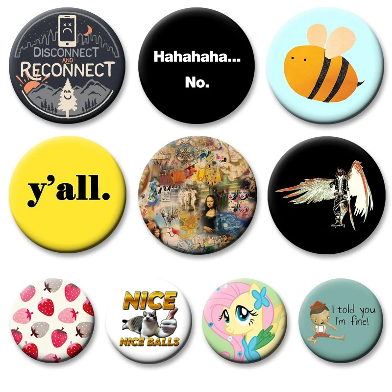 

Round Display Button Pins Funny DIY Creative Text Brooches Bag Decor Cute Cartoon Bee,cat,eyeball,soccer Ball,car Oil Dial Badge