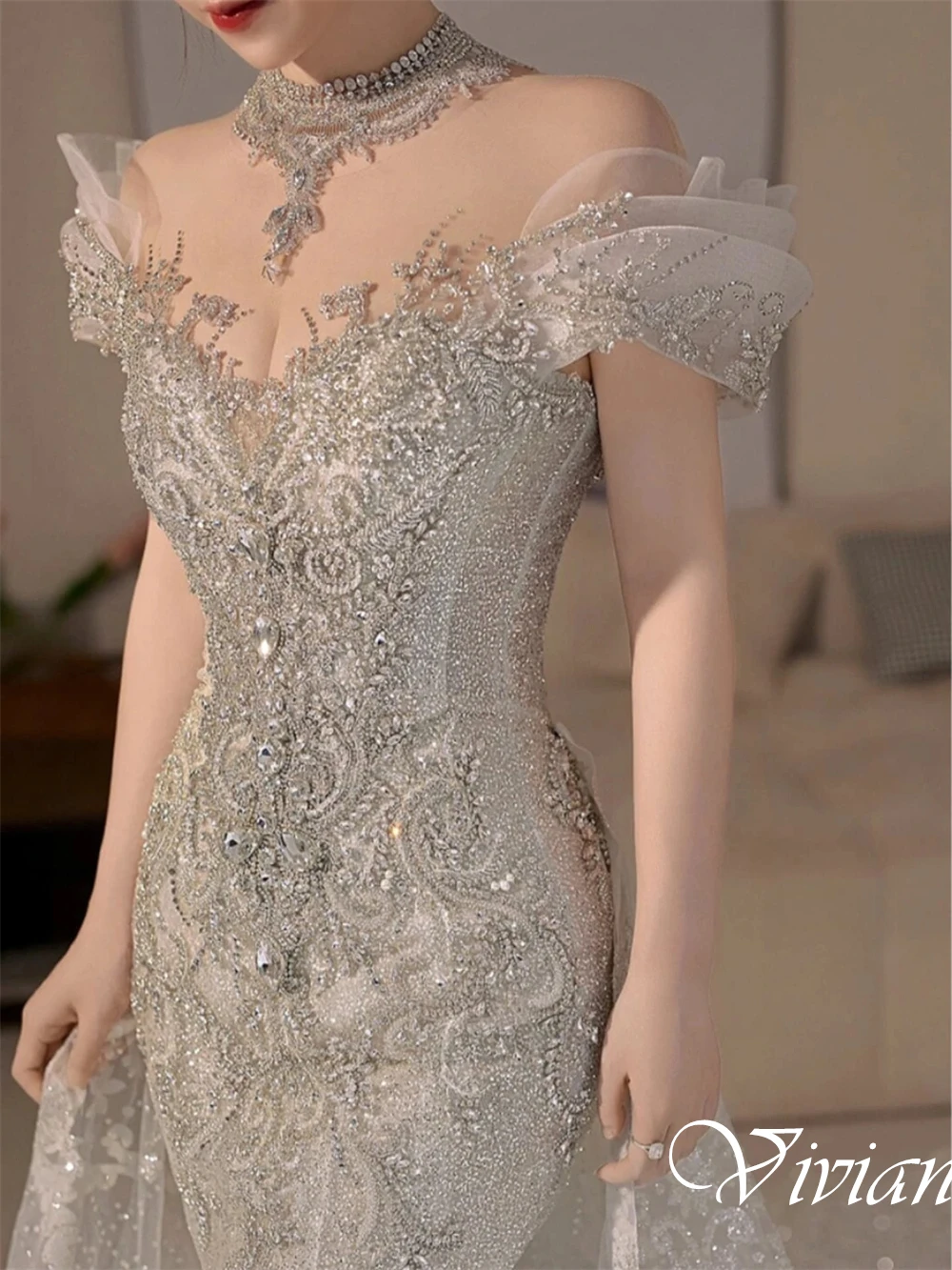 تخصيص الخامس الرقبة قبالة الكتف عالية الجودة زي العرائس طول الأرض لوحة قطار مساء فستان حورية البحر مثير رداء دي mariée