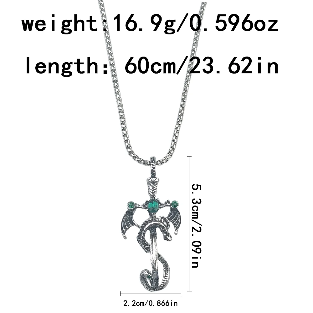 Vintage Dragon Sword Pendant Necklace, Gothic Winged Dragon Cross Sword Necklace With Imitation Gemstone Men Punk Amulet Jewelry view 5