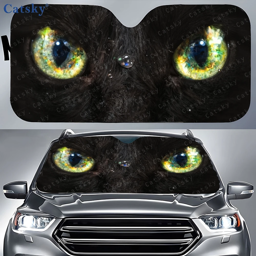 Close Up Of A Black Cat's Eyes With Water Droplets Car Auto Sunshades Car Sunshade, Front Window Sun Cover For Car, Auto Sunshad