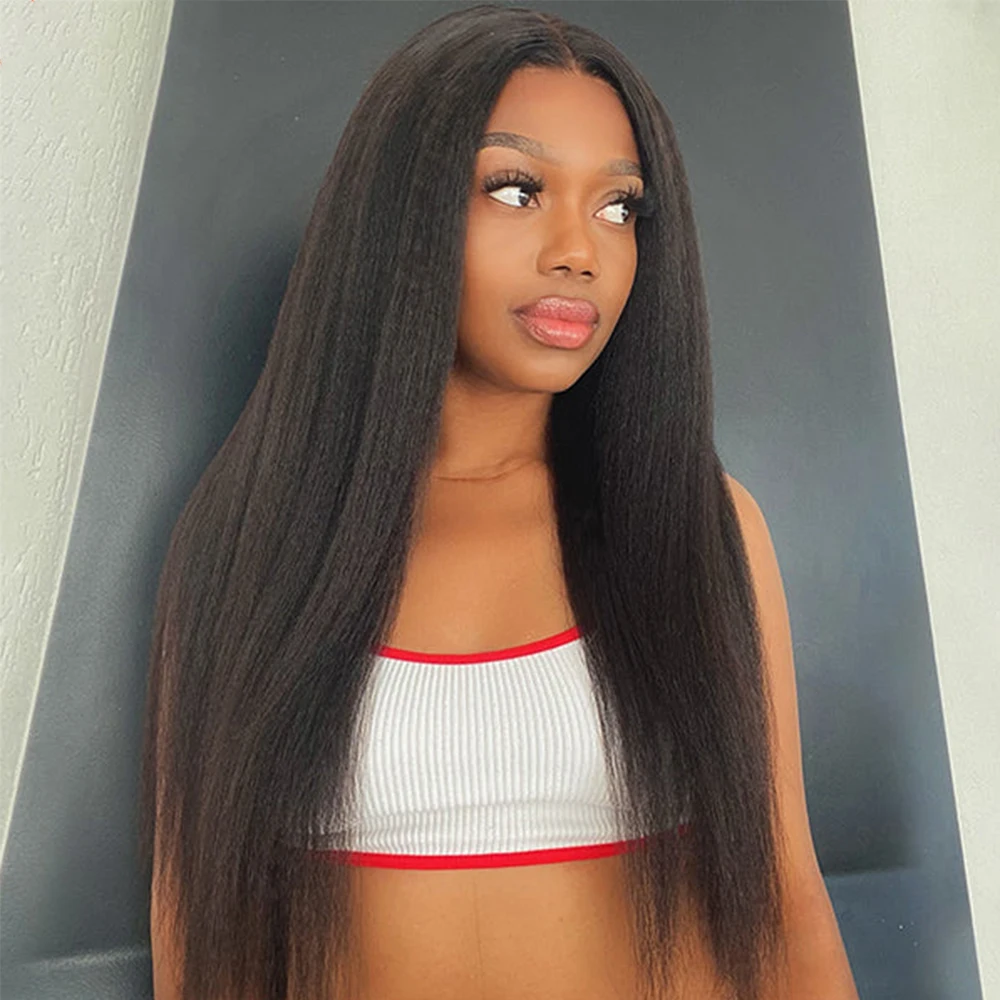 Yaki Kinky Straight Lace Front Wig pour femme, cheveux de bébé synthétiques, longs et doux, pré-épilés, sans colle, noir naturel, 30 po, 03/3