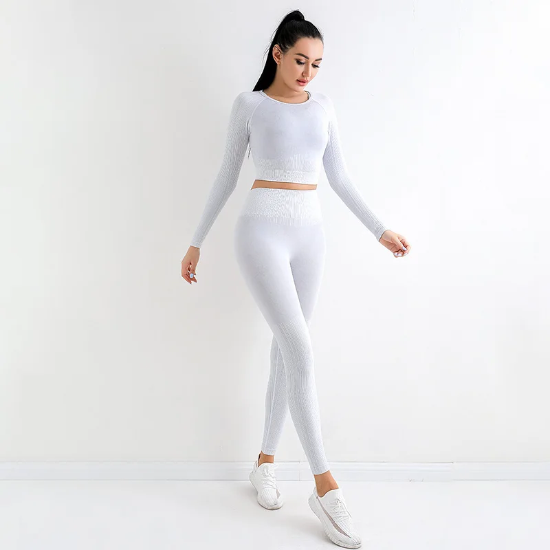 SVEIC Seamless Yoga Sets Ribbed Sports Fitness Tops Long Seleeve Workout Suits Sportswear Leggings Women Gym Set Outfit Clothing