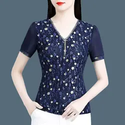 Korean Fashion Women Clothing T-Shirt Office Lady Summer Mesh Short Sleeve Tees Polka Dot Vintage Basic Casual V-Neck Slim Tops