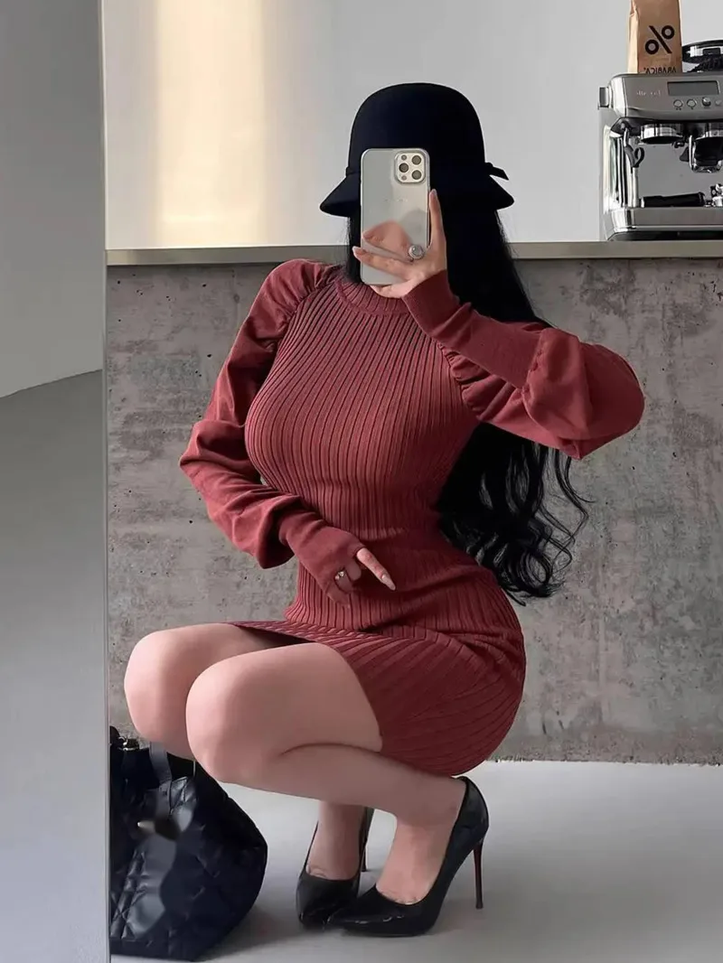 

Корейский стиль Pure Desire с высоким воротом, облегающее трикотажное облегающее платье с пышными рукавами, короткое платье-свитер, модное женское платье LPW7