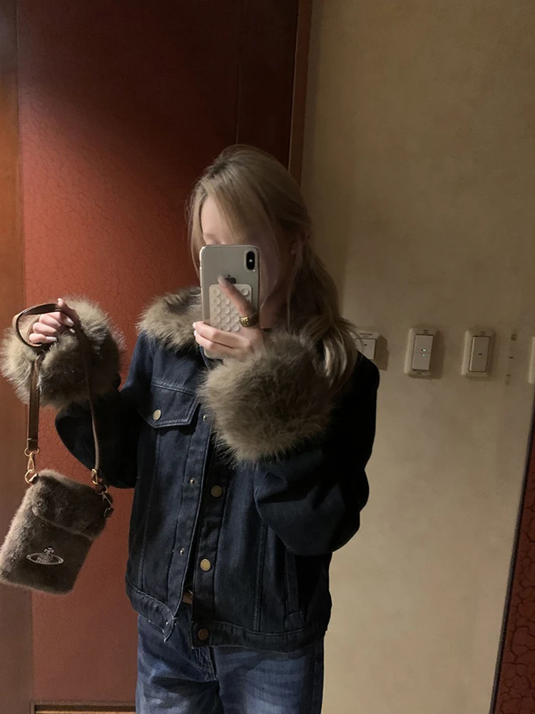 

Vintage Blue Denim Jacket Women Autumn Winter Thick Fur Patchwork Lapel Coats Y2K Korean Streetwear Loose Casual Jeans Outerwear