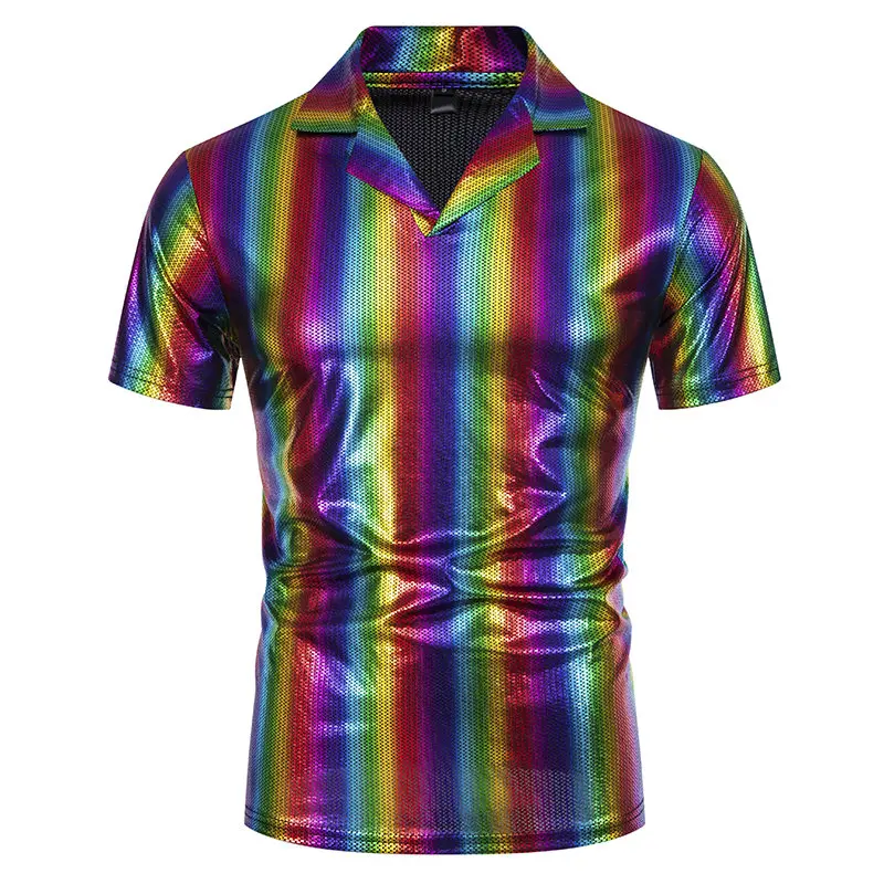 Men's Rainbow Foil Print Short Sleeve Shirt with Lapel Metallic Iridescent Stage Top Rave Party T-Shirt for Performances Clothes