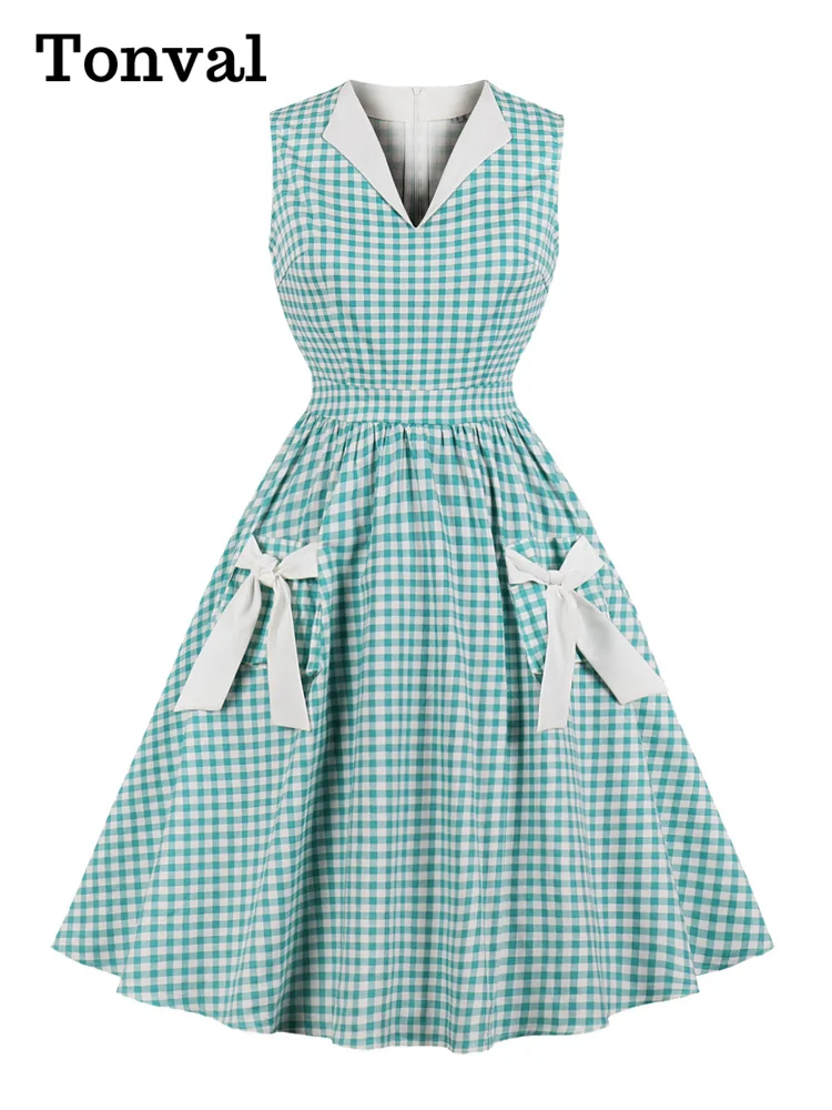 Tonval Turquoise and White Gingham Retro 50s Rockabilly Dress Women V-Neck Cotton Pleated Pockets Vintage Pinup Dresses