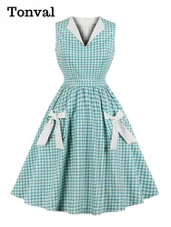 Tonval Turquoise and White Gingham Retro 50s Rockabilly Dress Women V-Neck Cotton Pleated Pockets Vintage Pinup Dresses