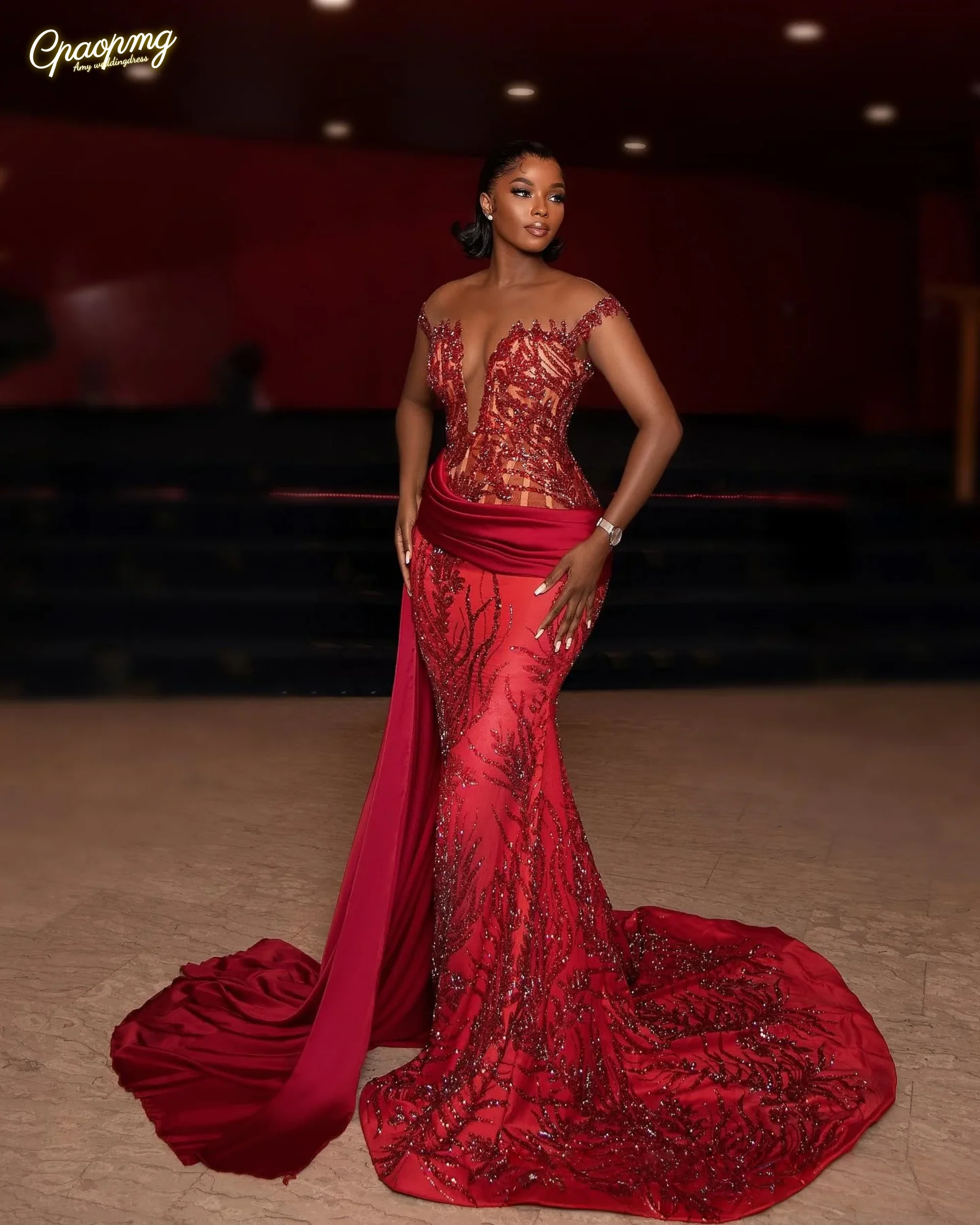 Vestidos de baile vermelhos personalizados sereia vestidos formais de noite frisado renda ilusão mangas curtas vestido