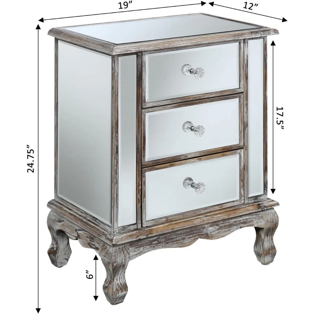 Mesa auxiliar con espejo de 19" - Mesa de salón con 3 cajones para almacenamiento, mesa auxiliar, blanco desgastado/espejo