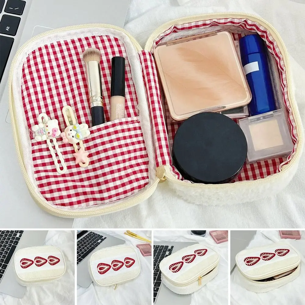 Kawaii Fuzzy Pen Bag Cute Embroidered Multi-functional Makeup Bag Strawberry Sandwich Cosmetic Bag Home Travel