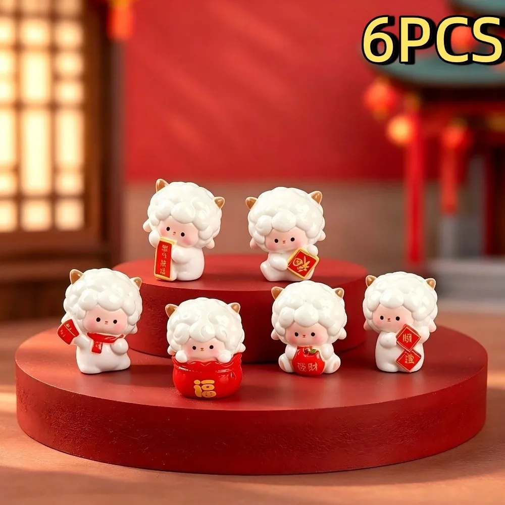 6PCS Chinese Traditional Miniature Lamb Ornament Cute Resin Little Lamb Ornament Festive Blessing Zodiac Sheep Figurine