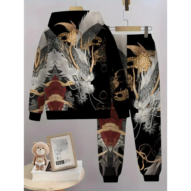 2025 ثلاثية الأبعاد الرقمية الحيوان القرد الدب البني التنين مطبوعة هوديي والسراويل الرياضية 2 قطعة مجموعة أزياء عادية بسيطة #4