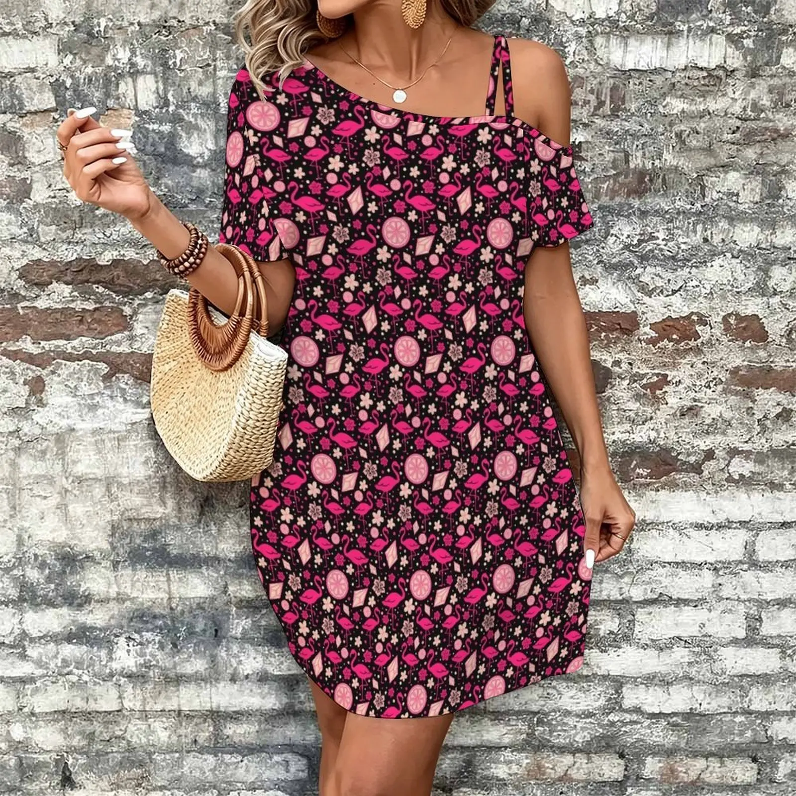 Cute Pink Flamingo Summer Vibes Flamingos pattern Women's Slanted Shoulder Single Strap Short-Sleeved Dress