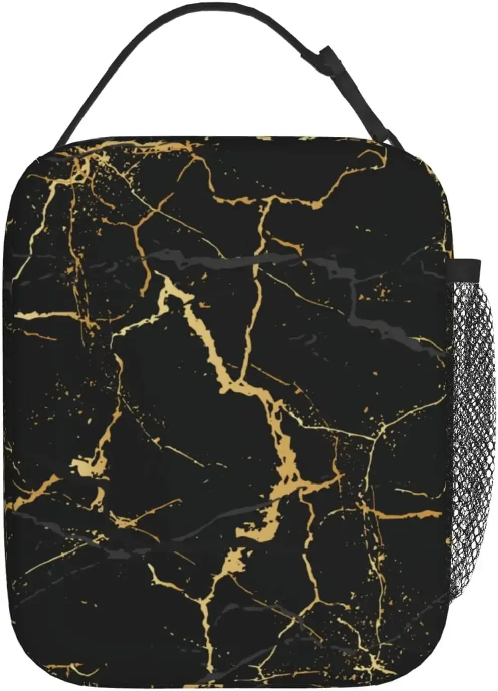 Black Marble Lunch Bag Insulated Portable Reusable Marbling Texture Lunch Box With Side Pockets For Picnic Work Office School
