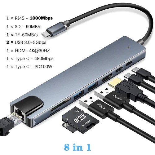 Imagen 2 del producto USB 3,0 tipo C HUB USB C estación de acoplamiento a HDMI 4K 30HZ multifuncional tipo C a RJ45 1000Mbps adaptador Ethernet extensor VGA