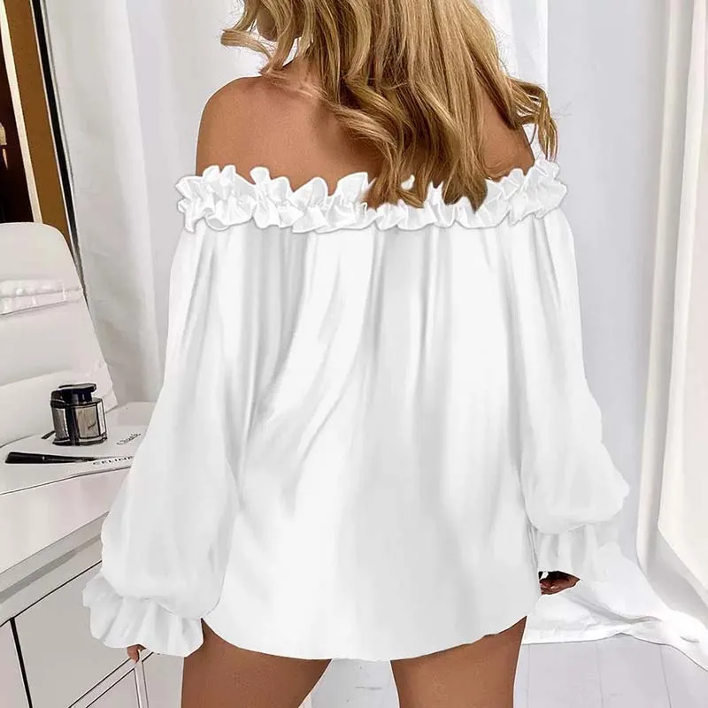 Sweet Ruffled One-shoulder Top for Women Fashion Office Lady Loose White Womens Shirt Summer Long Sleeve Tops Blouses 2024 New