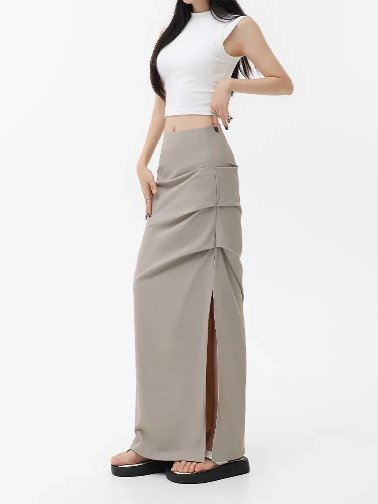 

Light Grey Long Skirt Slit Folds Low Rise Ankle-Length Straight Maxi Skirts Women Fashion Outfits y2k Elegant Streetwear