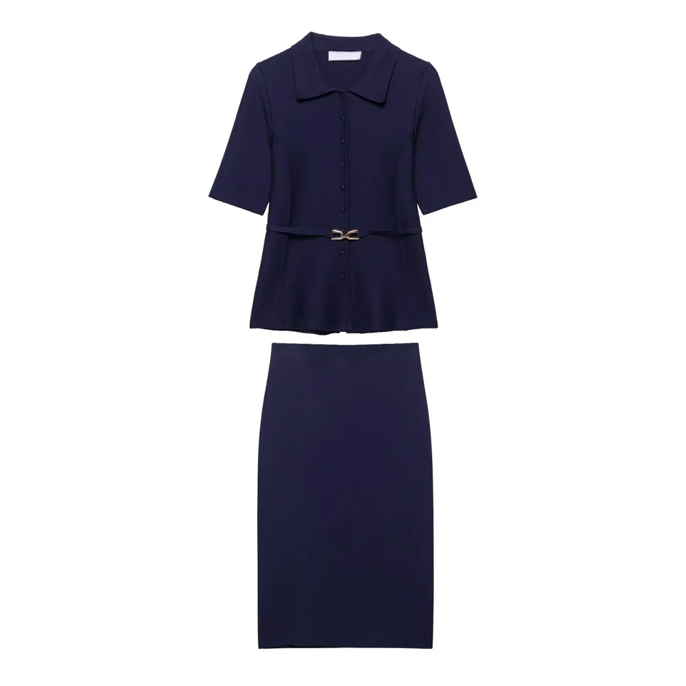 

PB&ZA2025 Stylish and Professional Women's NavyBlue ShortSleeved Collared Blouse and PencilSkirt Set with Chic GoldBuckle