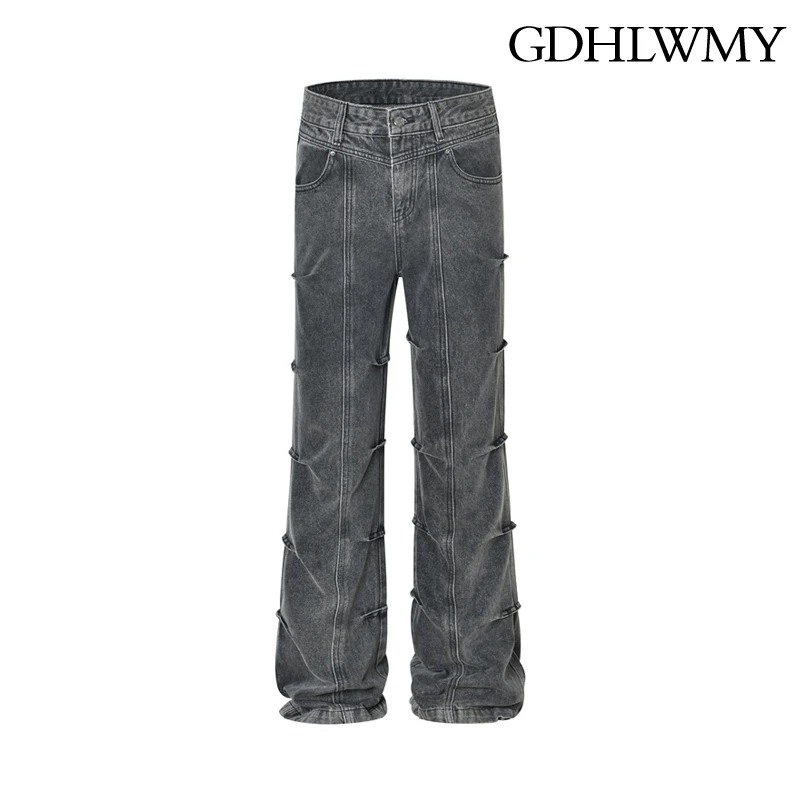 

GDHLWMY American retro denim pants for men and women, featuring a four season wasteland style pleated design and flared pants