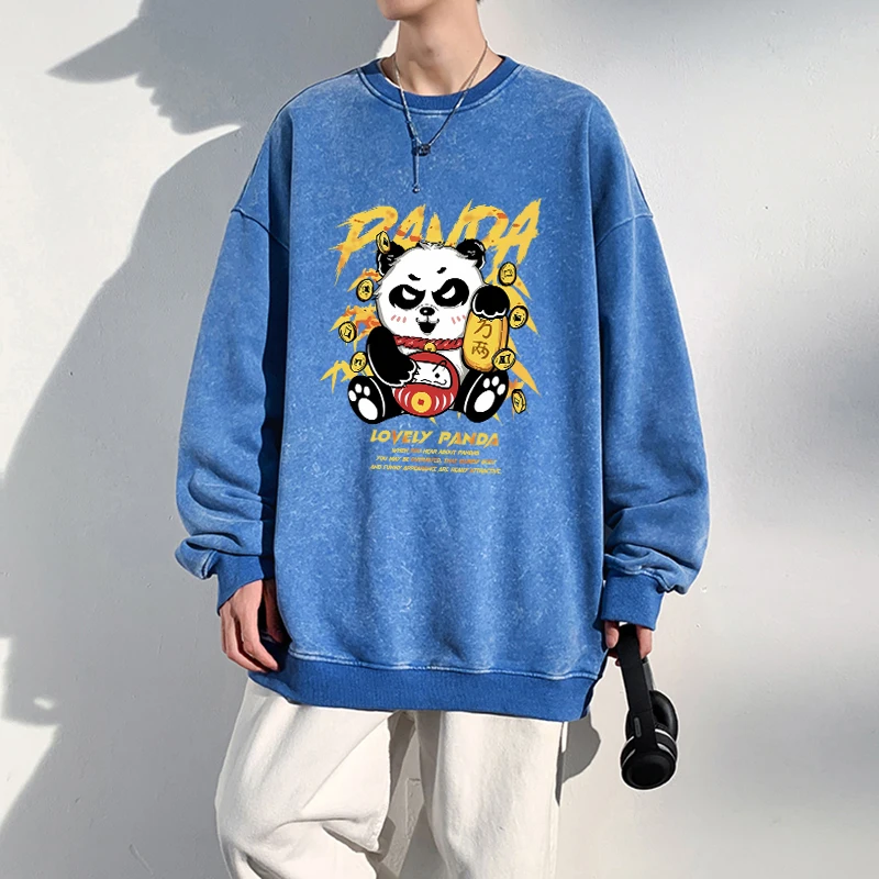 

Oversize Men Washed Hoodie Funny Lovely Money Panda Printing Sweatshirts Autumn Warm Cotton Pullovers Vintage Couple Clothes