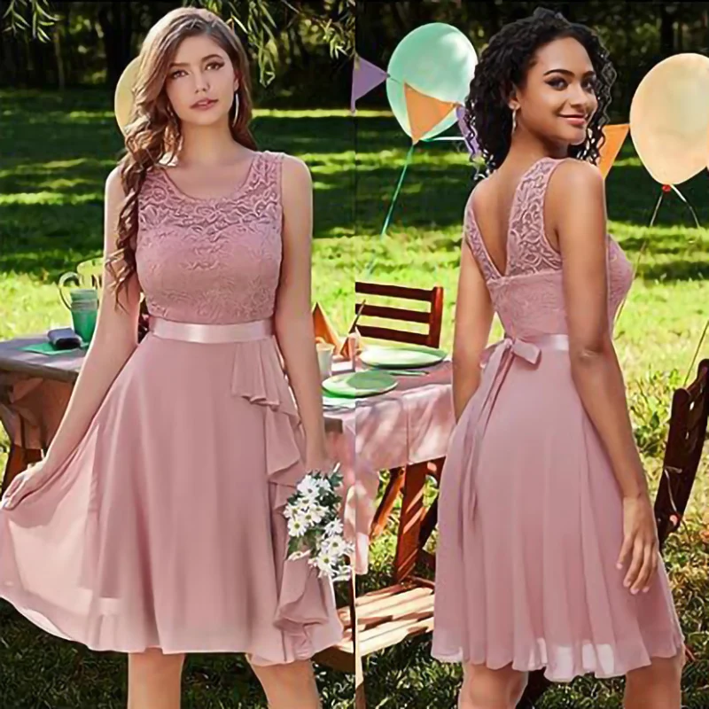 

Элегантное кружевное шифоновое платье А-силуэта с открытыми плечами и круглым вырезом для подружек невесты, на свадьбу, вечеринку, выпускной, вечернее, длиной до колена, на молнии сзади