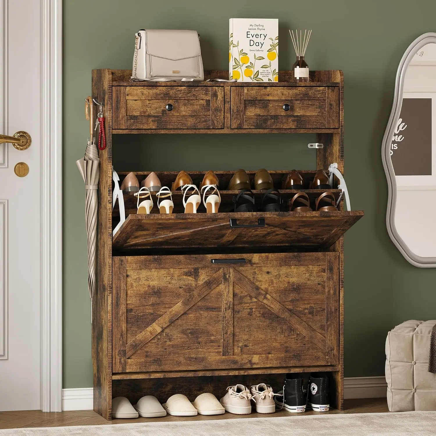 Shoe Cabinet with Flip Drawers, Adjustable Shelves & Hooks, Hidden Rack for Entryway Hallway Foyer, Customized