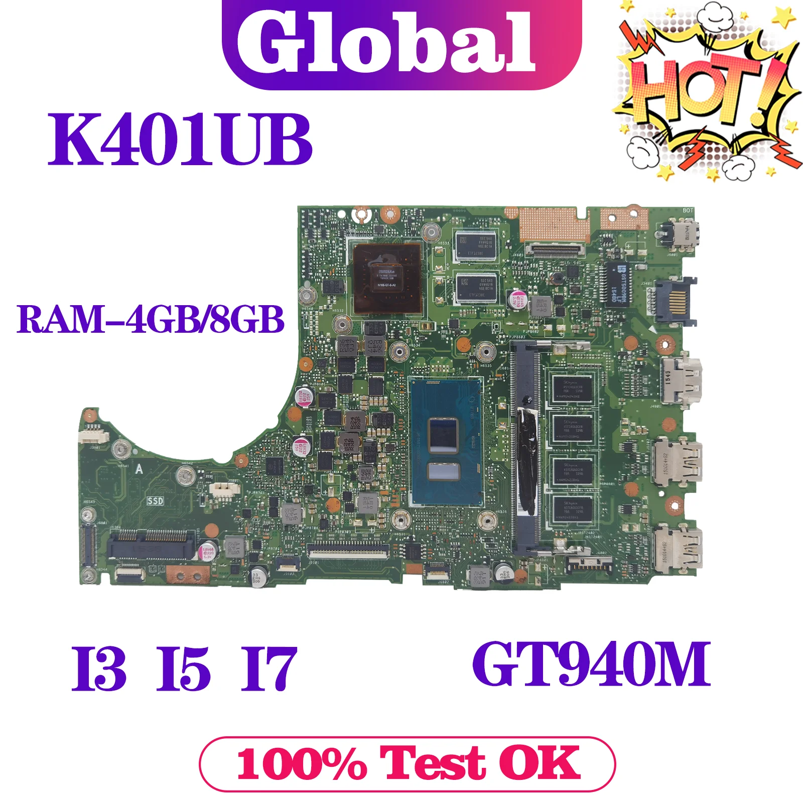 K401UB Mainboard For ASUS K401UQ K401UQK A401U V401U K401U A400U Laptop Motherboard i3 i5 i7 6th/7th 4GB/8GB-RAM GT940M