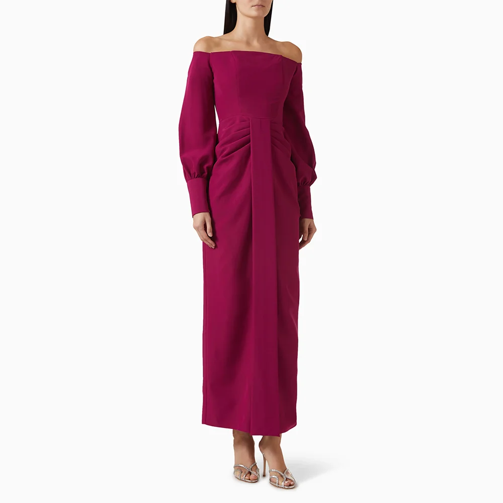 

Elegant Evening Dress Boat Neck Pleat Long Sleeves Evening Gowns Jersey Straight Ankle Length Formal Paty Dresses Customized