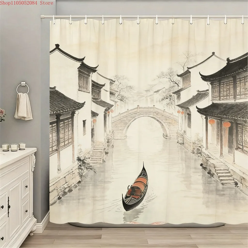 Alpine Lake Village Shower Curtain Polyester Printed Home Decor Landscape Theme Interior Design Scenic Style
