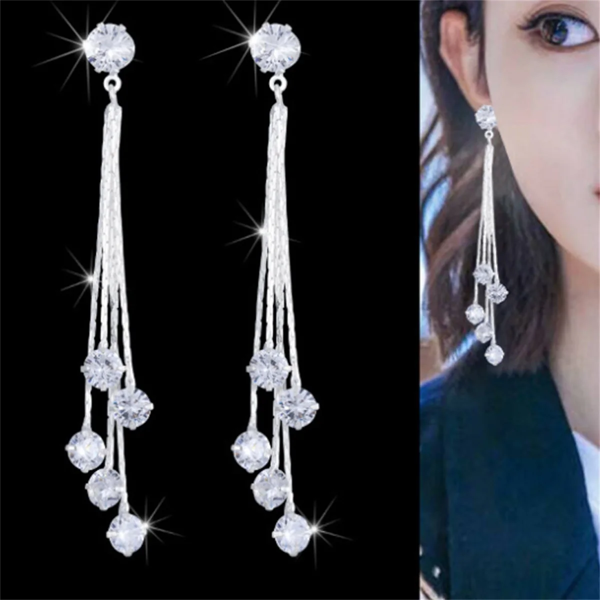 New Fashion exaggerated front 2 and back 3 strands two-wear tassel earrings for women extra long rhinestone zircon ear wire