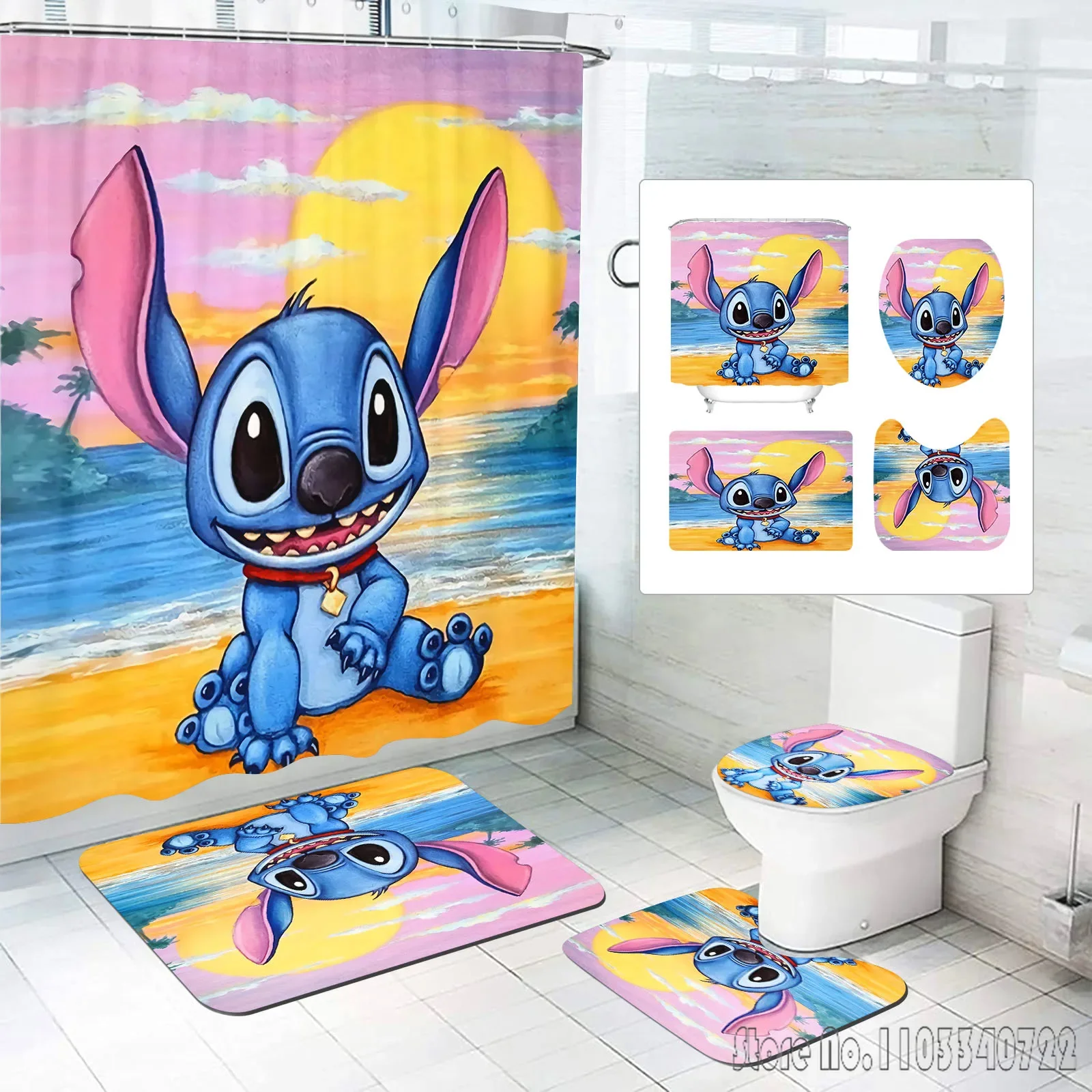 Stitch Angle Disney Bath Shower Curtain Set 4pcs with Hooks Waterproof Bathroom Toilet Mat Lid Decor