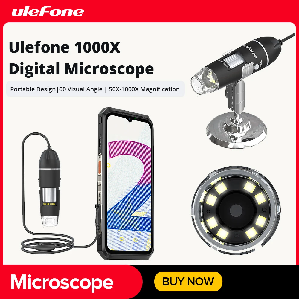 Ulefone 1000X Digital Microscope Camera 8 Adjustable LED Lights For Power Armor 18T , Power Armor 19，Power Armor 13，Armor 16 Pro