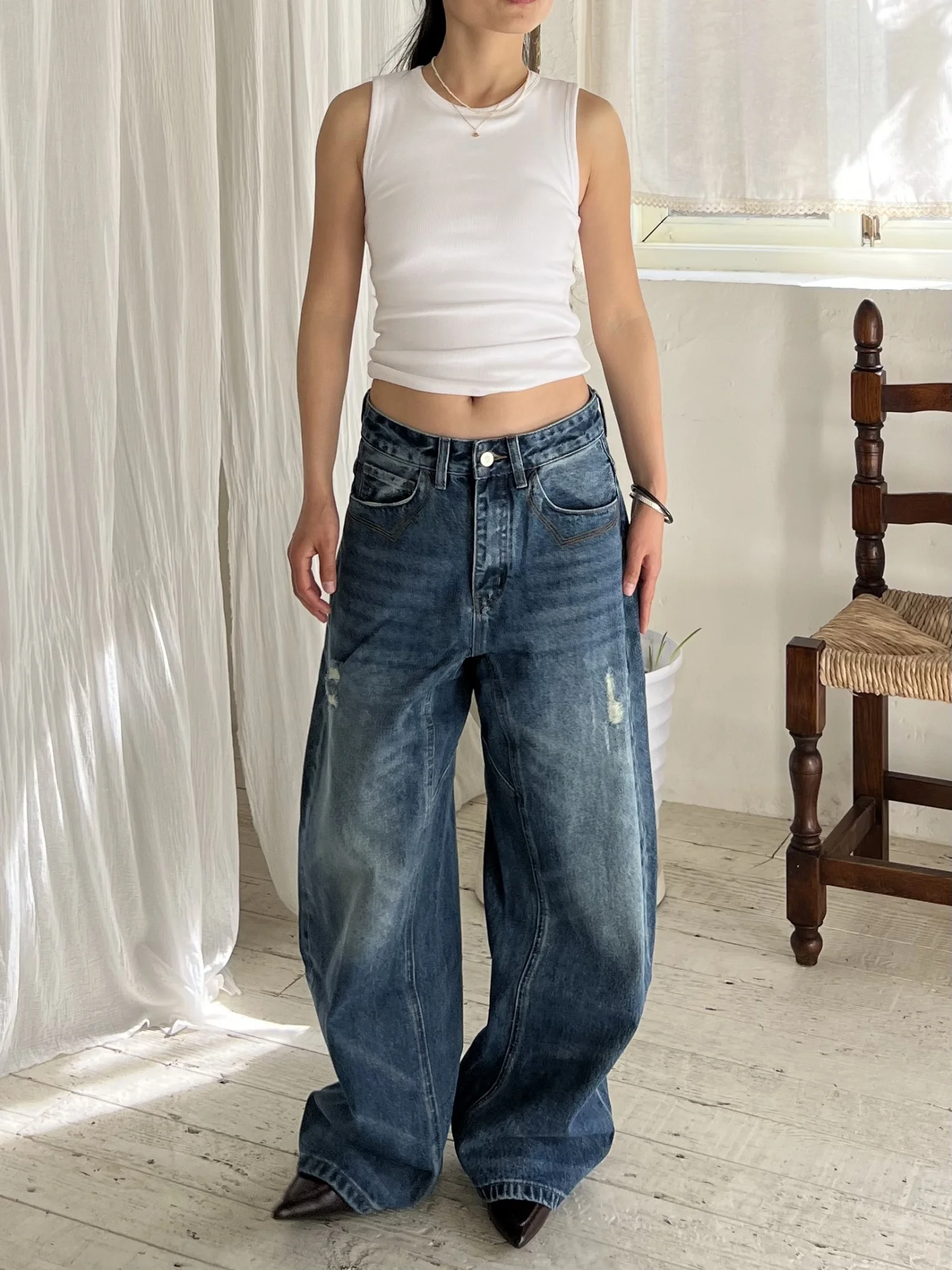 

Slimming Wide Leg Jeans DINA2026 Summer New Handmade Wear Resistant Knife Casual Style Natural Waist Cotton Denim