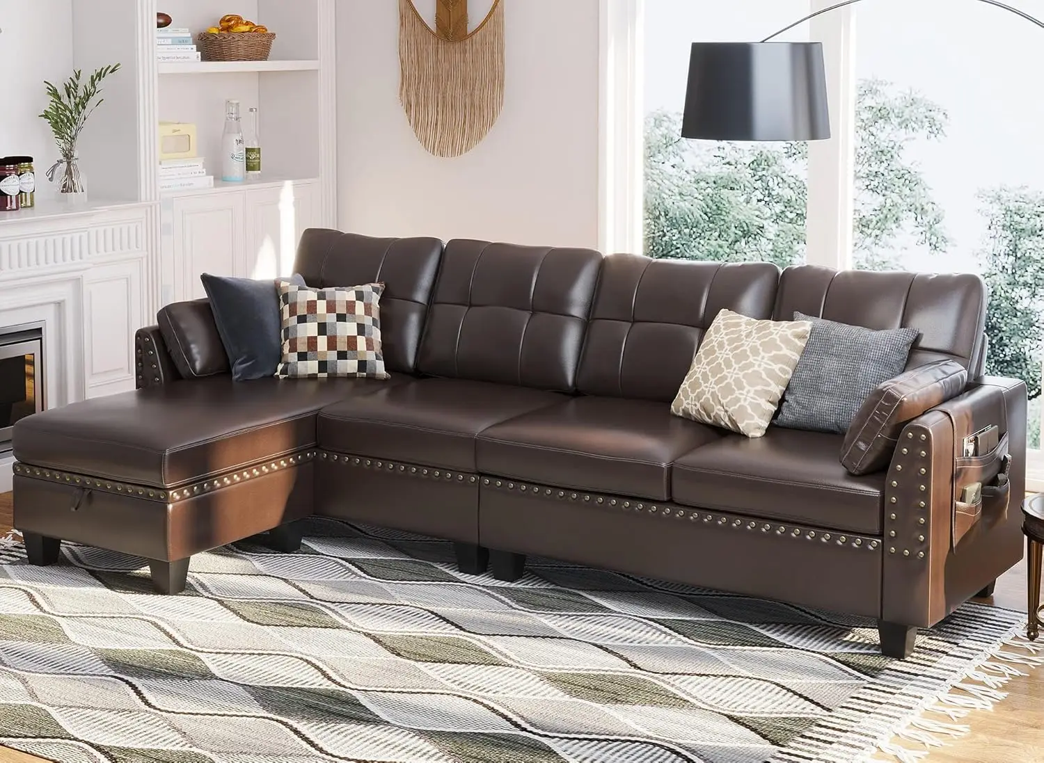 HONBAY Faux Leather Sectional Sofa Couch Reversible L Shaped Couch Sofa 4 Seat Sofa Sectional Couch for Small Apartment